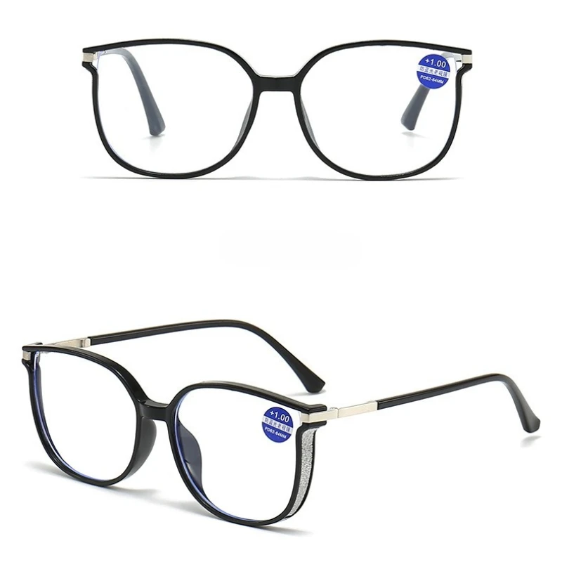 블루라이트 차단 여성용 독서 안경 스타일리시 노안 안경 플라노 아이웨어 눈부신 대형 프레임 세트 라인스톤