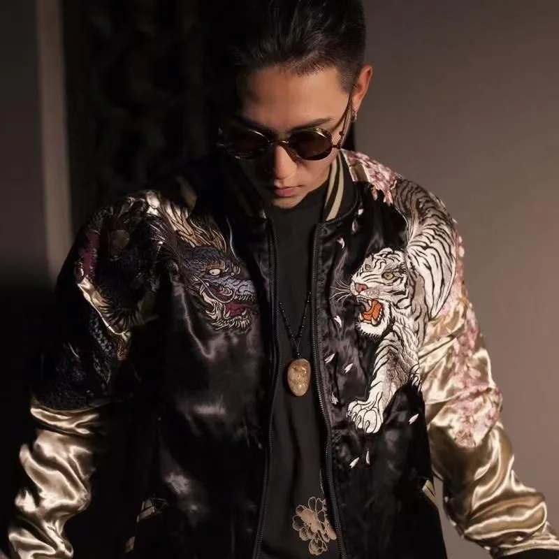 Mens Jacket Harajuku Autumn Winter Ukiyoe Four Gods Heavy Print Dragon Tiger Streetwear Loose Fit Casual Fashion Coat Outerwear