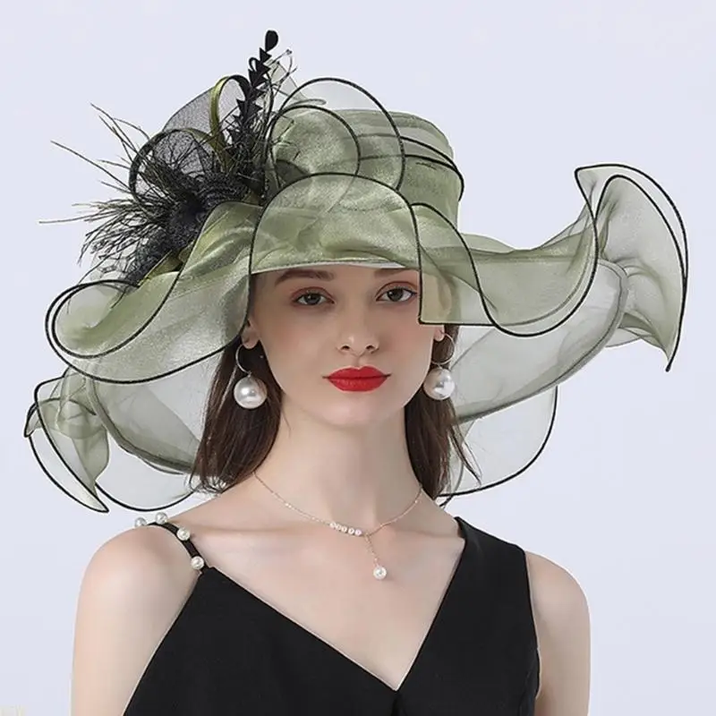 15YC Sommer-Bowlerhut aus Organza, Cloche für Damen und Mädchen, Party, Hochzeit, Foto-Requisiten, Organza-Bowknot-Hut mit – Detail 7