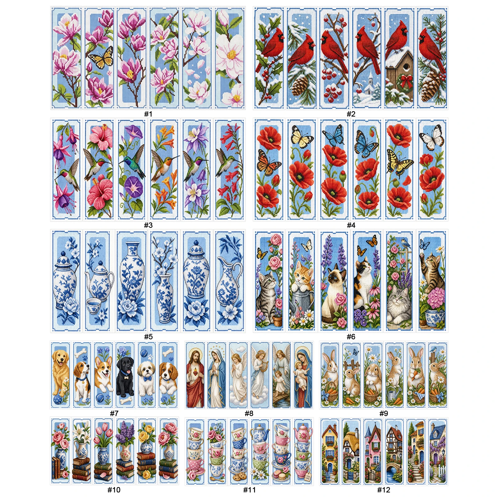 6Pcs Stitch Bookmark Kit Stamped 14CT Decorative Cartoon Magnolia Butterfly Blue Vase Pattern Adults