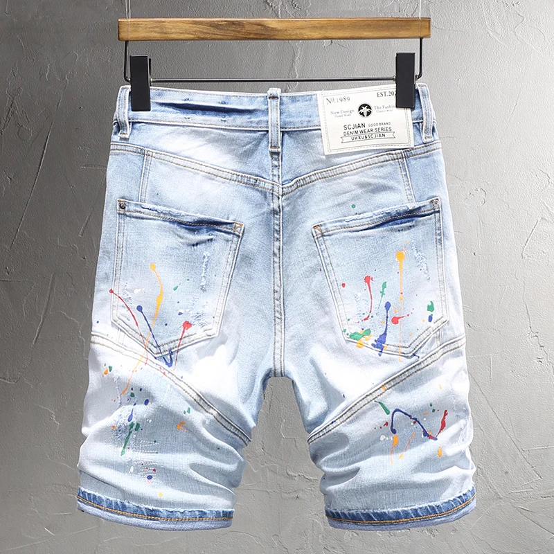 Summer Fashion Men Jeans Retro Light Blue Elastic Spliced Ripped Short Jeans Men Painted Designer Hip Hop Denim Shorts Hombre