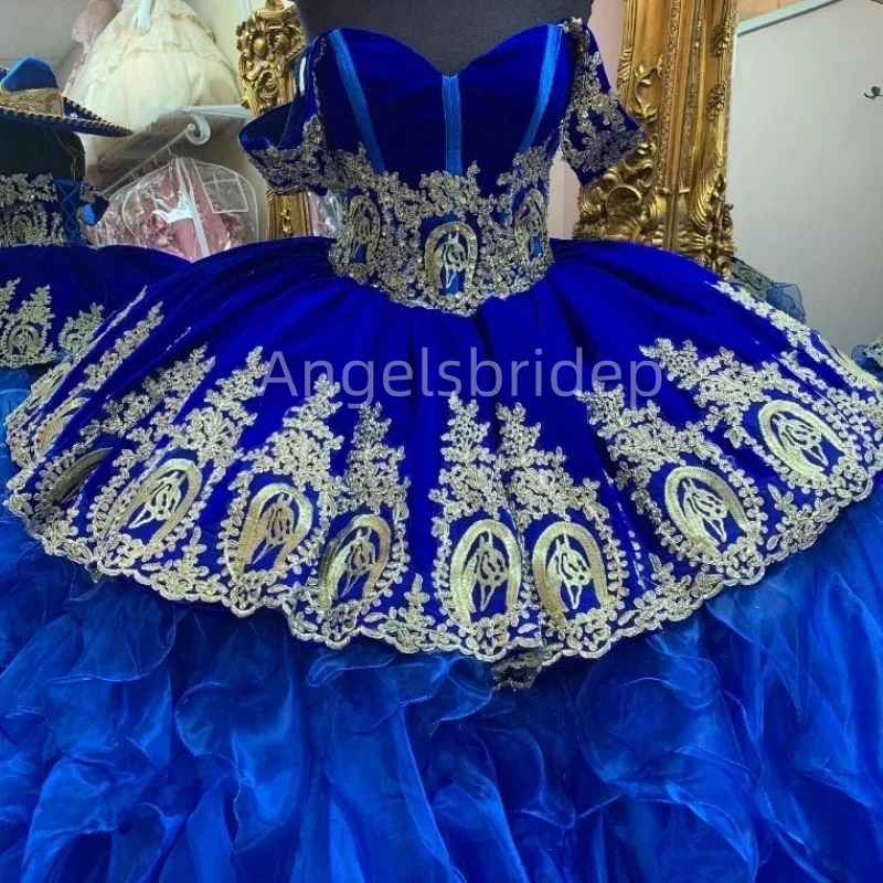 Angels bridep Königsblau schulter freies Ballkleid Quince anera Kleider 2025 Abend party Vestidos de Fiesta mit Gold applikationen