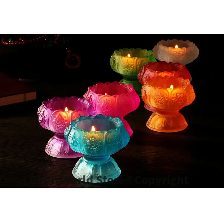 Wholesale Buddhist articles -efficacious HOME family Protection Talisman- 7 Colored Glaze Lotus lamp holder Holy water cup