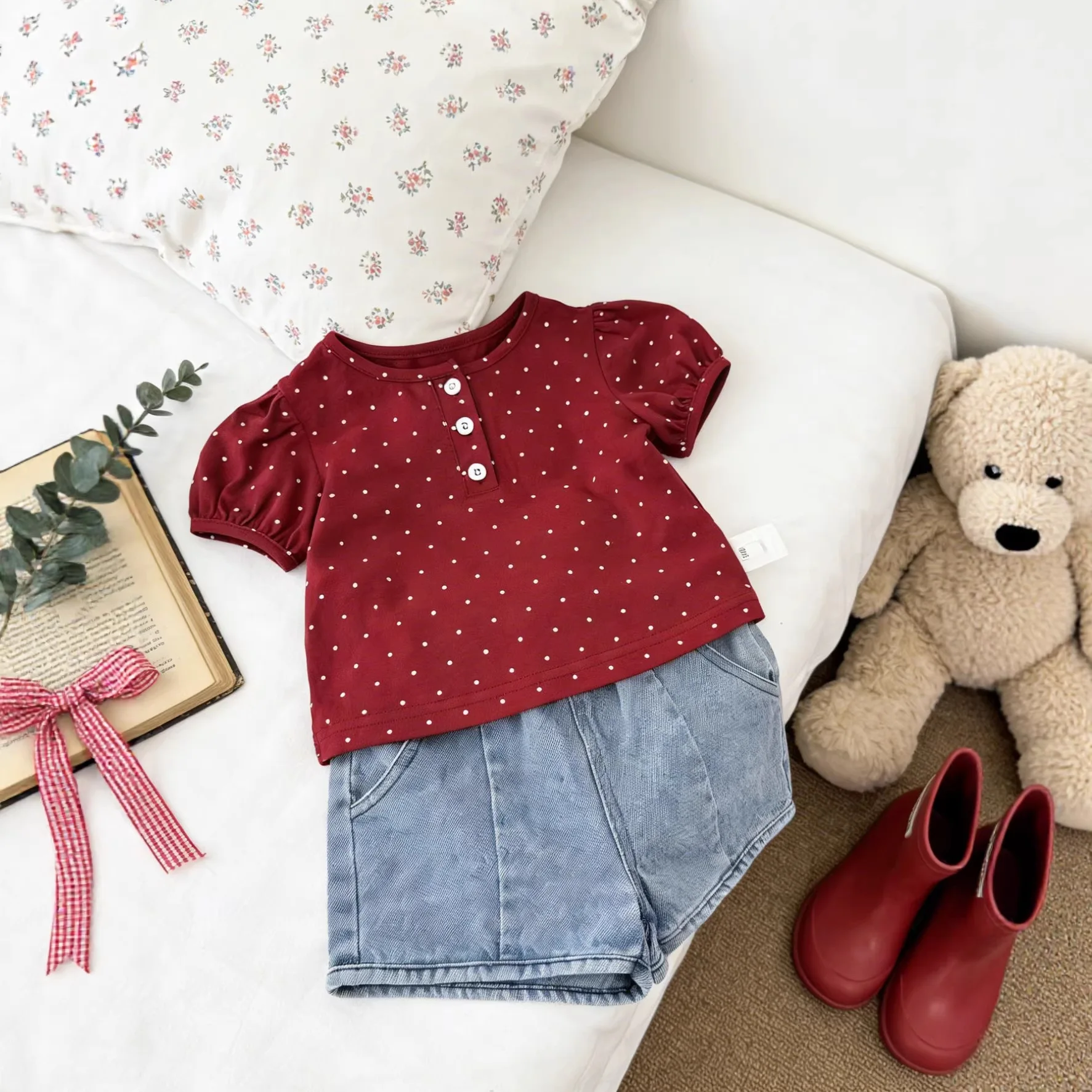 

2026 Summer New Girls Short Sleeve T Shirts Cute Baby Girl Polka Dot Puff Sleeve Tops Cotton Infant Toddler Tee Kids Clothes
