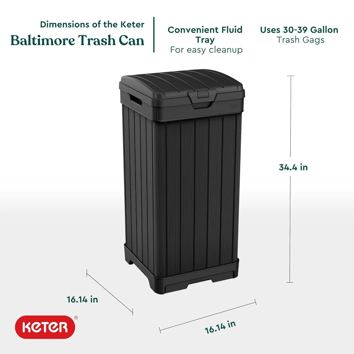 Resin 38 Gallon Outdoor Kitchen Trash Can with Lid and Drip Tray for Easy Cleaning-Perfect for Patio Dining Black