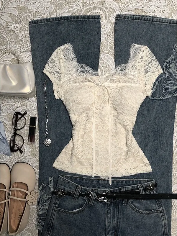 

Sweet Sle Blue Knot Lace irt Женская летняя винтажная одежда Sweet Top в стиле ретро из смеси хлопка ort Sve Square C...