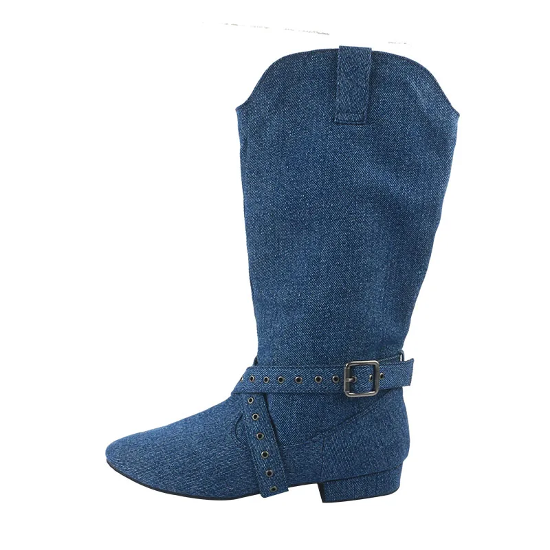 

Wedopus Mid-calf Long Line Dance Boots Woman Blue Suede Bottom Denim Country Boots Dance with Insible Zip 2CM