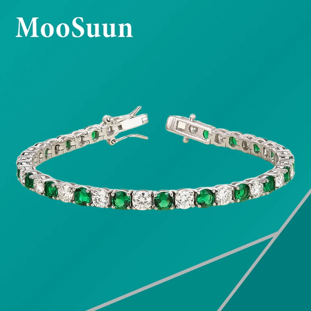 MooSuun 4mm 0.3ct Moissanite Diamond Tennis Bracelet for Women Men Lab Sapphire Lab Emerald S925 Sterling Silver Fine Jewelry