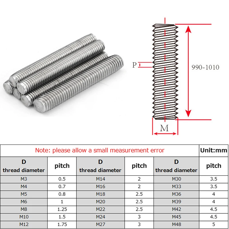 304 Stainless Steel Full Thread Bar,screw Threaded Bar,Threaded Rod M3 M4 M5 M6 M8 M10 M12 M14 M16 M18 M20 Length 30~500mm