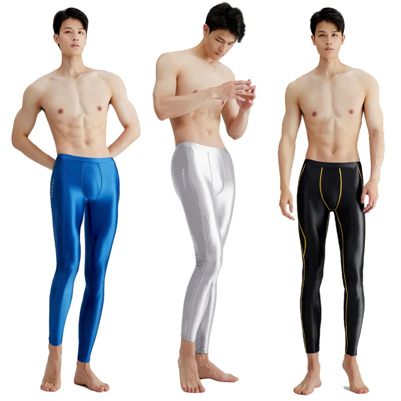 Sexy Satin oil glossy pants Nude men's breathable quick drying shiny pants shiny swim sport high elastic Surfing Leggings