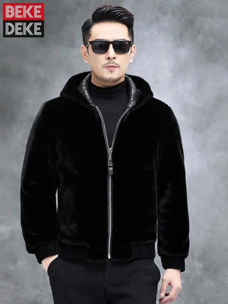 Fashion Winter Mens Faux Fur Coat Warm Casual Outerwear Zipper Long Sleeve High Street Punk Luxury Double-Sided Hooded Jacket