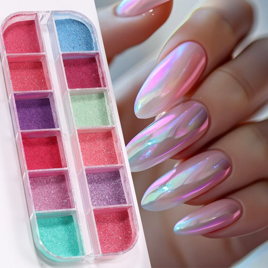12 شبكة مرآة ملونة الأظافر بريق مسحوق النيون تأثير الكروم الصباغ أورورا فرك الغبار بصيص مانيكير اكسسوارات الديكور فلاش