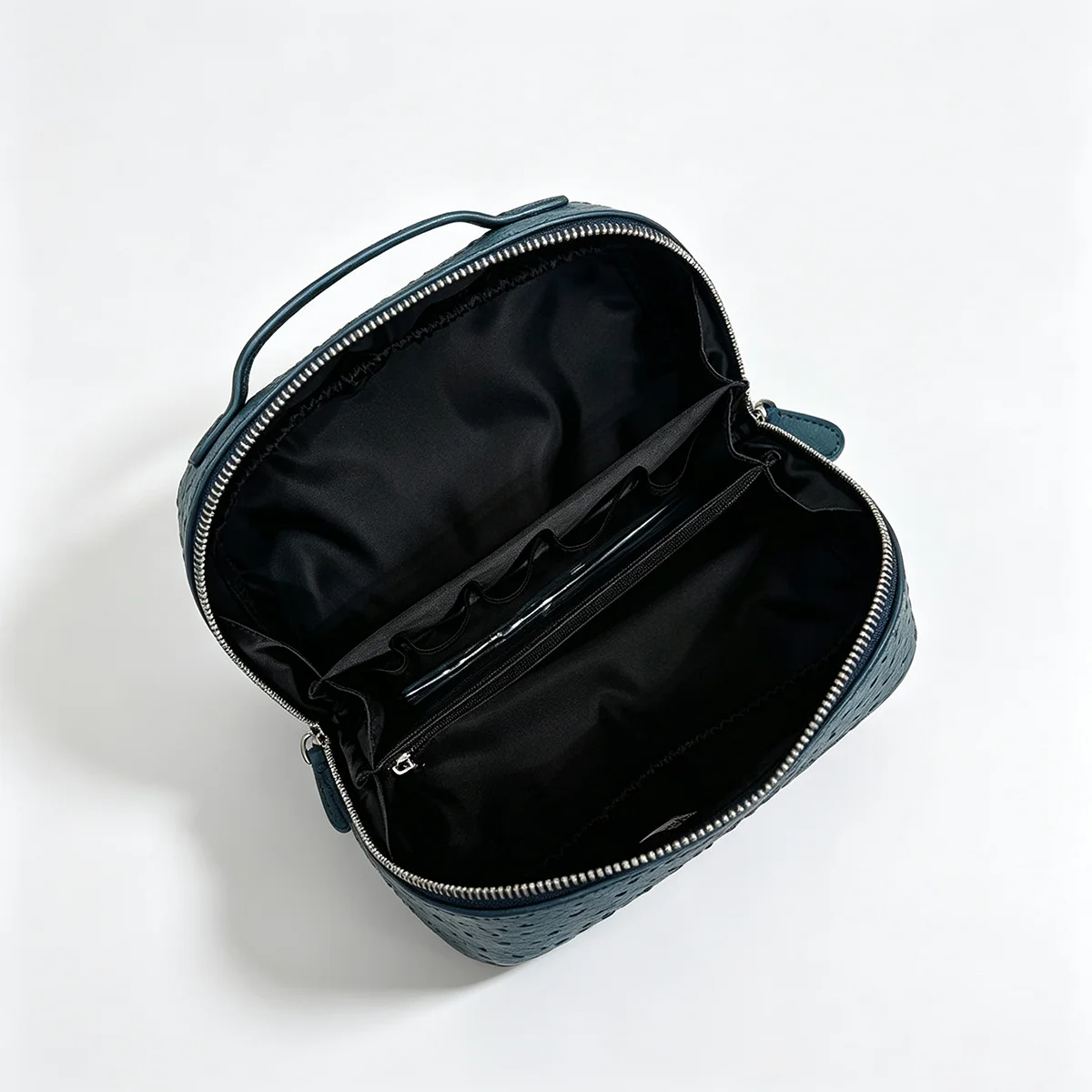 Echte Rindsleder-Kosmetiktasche mit Straußenmuster, Tragbare Reisetasche für Make-up und Toilettenartikel mit Reißverschluss – Detail 19