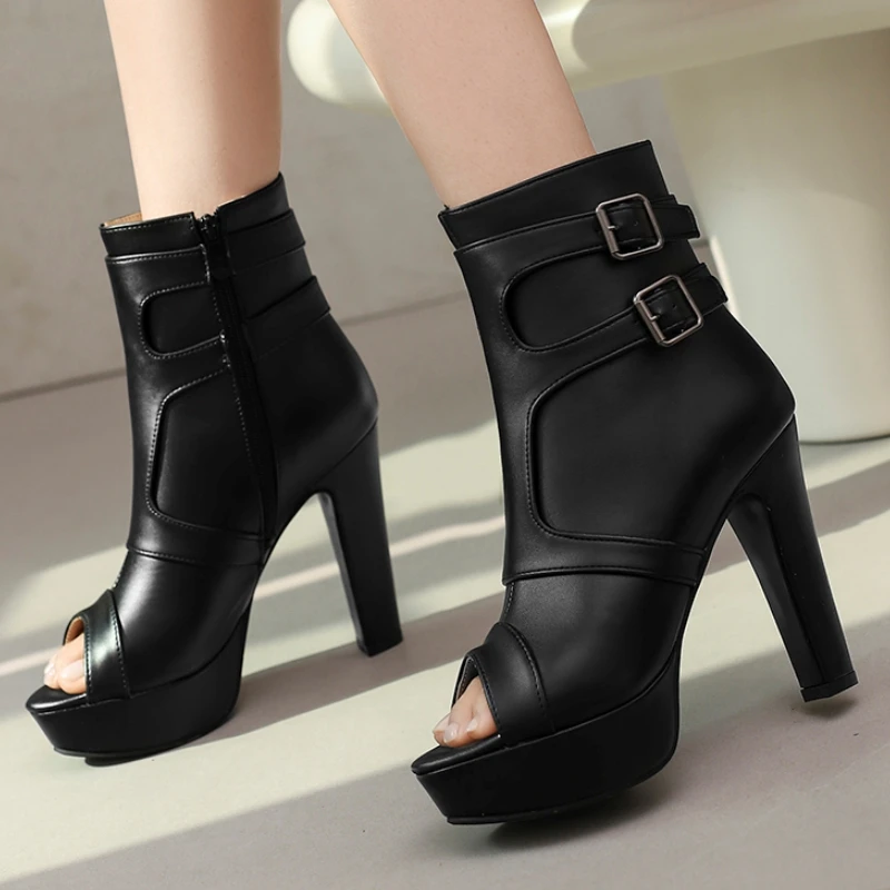 Botines de moda para mujer, tacones altos, con hebilla, plataforma, color negro y blanco, punta abierta, zapatos de fiesta y baile, tallas grandes para damas.