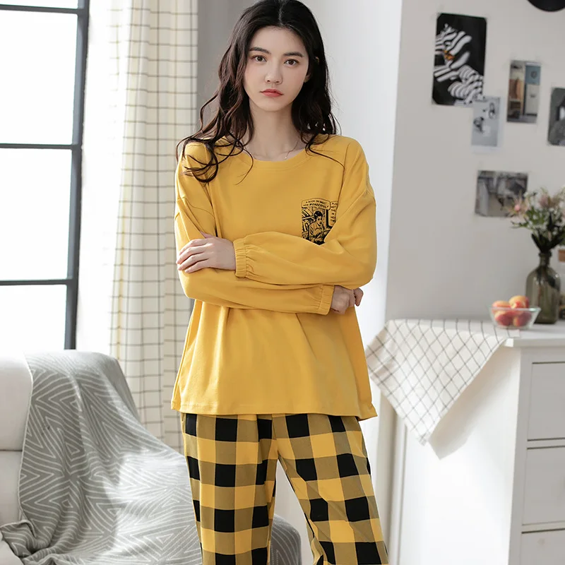 Spring Autumn Women's Pure Cotton Pajamas Round Neck Long Sleeve Pullover Pants Oversized Loose Casual Home Clothing Set