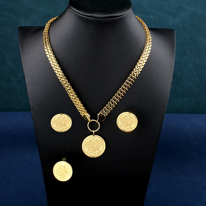 New Coin Necklace Set Gold Plated Copper Coin Jewelry Set for Bridal Ethnic Wedding Jewelry Dubai Gold Jewelry Sets for Women