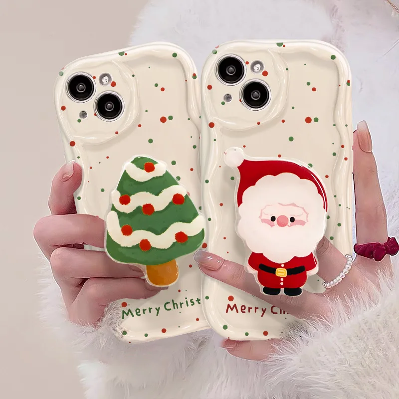 Lovely Santa Christmas Tree Stand Holder Phone Case For iPhone 15 16 Pro Max 16 15 14 Plus 13 12 Mini 11 XR XS 8 7 Plus