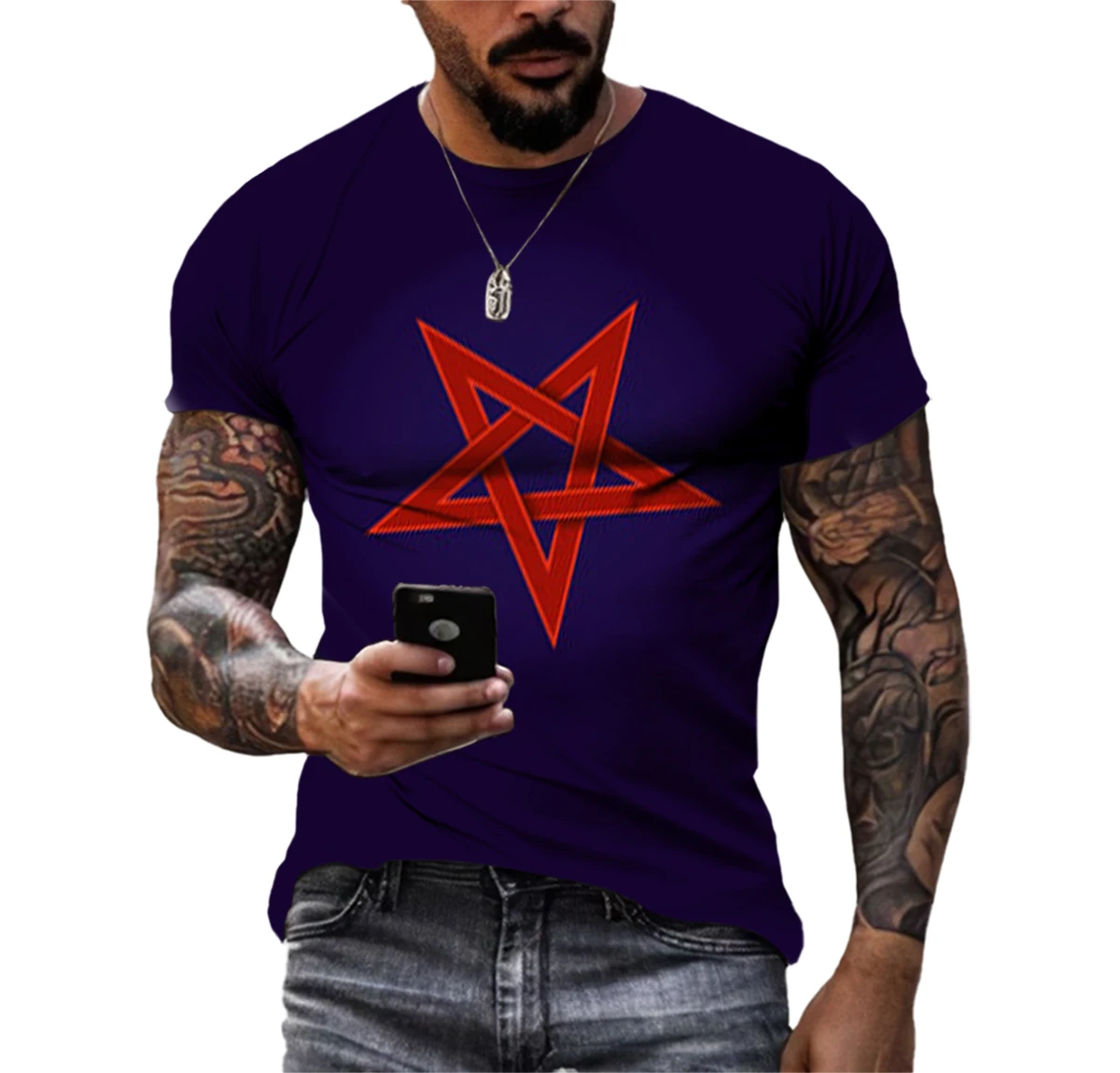 Summer Fashion Creative Pentagram Pattern 3D Printing Men\'s T-shirt Handsome Short-sleeved Fitness Sports Quick-drying Clothes