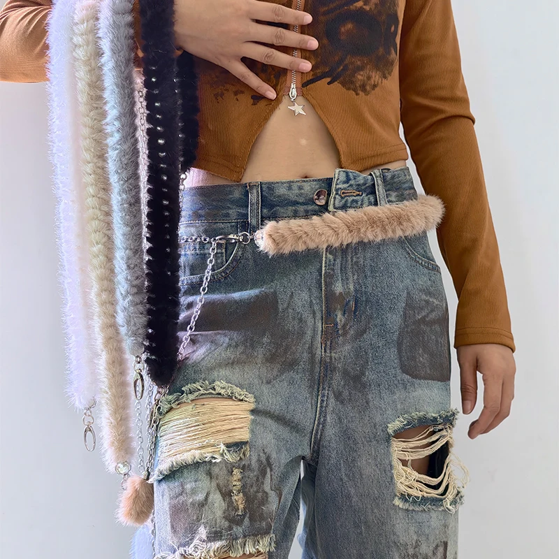 

Джинсовые брюки Декор Супермягкий ремень из искусственного меха в стиле панк Y2K Пушистый мягкий плюшевый ремень Теплый аксессуар для уличных танцев Элегантный женский пояс