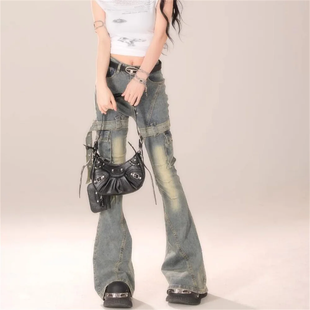 Tight Bodycon Bell Bottoms Casual Patchwork Vintage Korean Sexy Wide Leg Trousers Woman Wash Jeans Tie-dyed Denim Pants