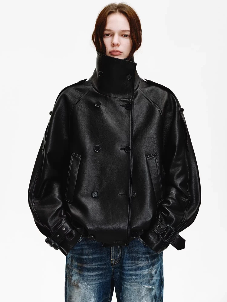 

Oversize Genuine Leather Motorcycle Jackets for Women Spring Autumn High-end Simple Stand Collar Soft Black Real Sheepskin Coat