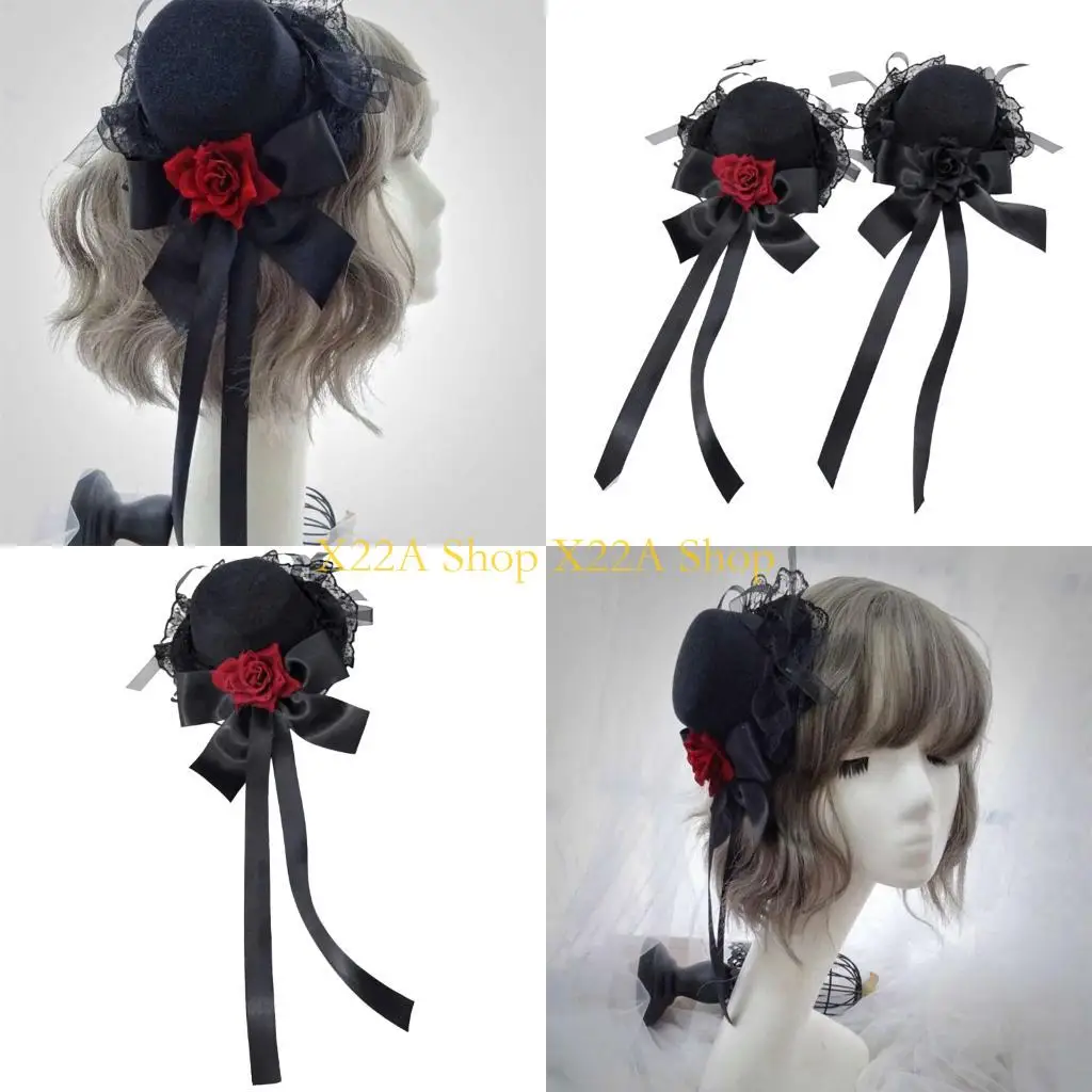 Unique Romance Rose Flower Lace Hat Hair Barrettes NonWoven Hair Accessories For Halloween Event Daily Wear Hair Decoration