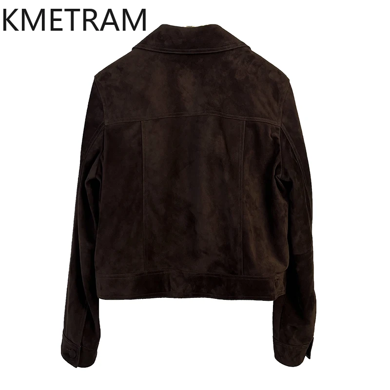 سترة من جلد الغنم بطبقة علوية لعام 100% للسيدات على طراز المال القديم سترات من الجلد الطبيعي البني ملابس الخريف 2025 للنساء vosбlaneка femenska