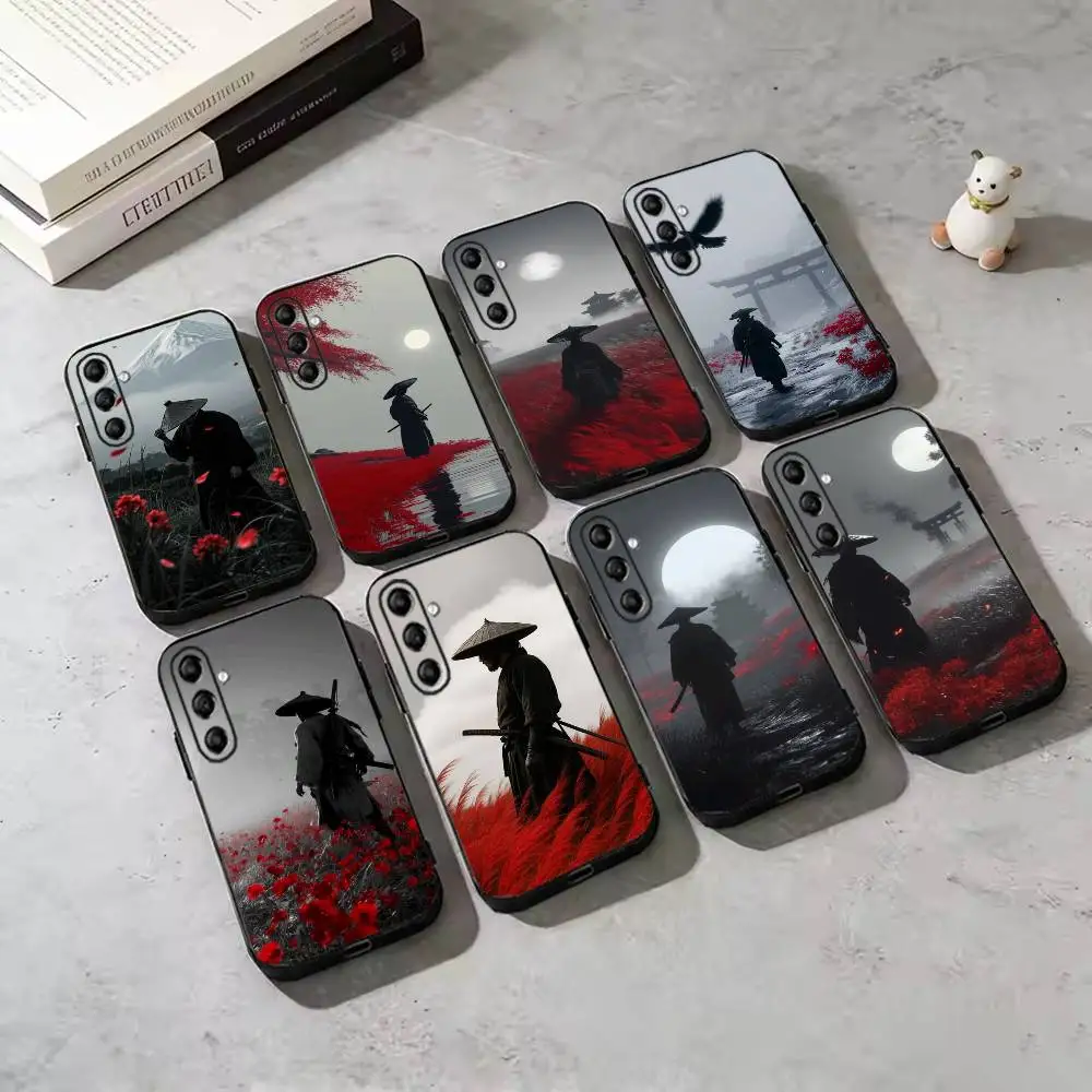 Black Red Samurai Phone Case For Samsung Galaxy A73,A72,A71,A70,A53,A52,A51,Others Soft Black Cover