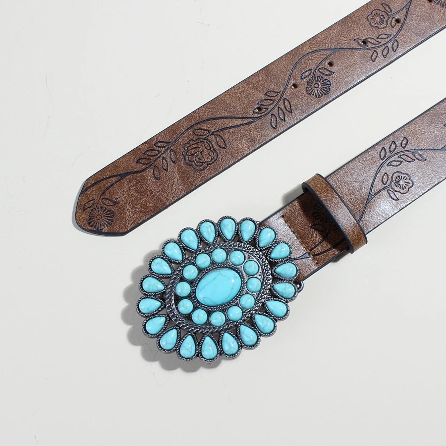 

1PC classic Bohemian fashion Turquoise lotus buckle belt Multi-functional embossed PU belt Fashion women daily use simple belt