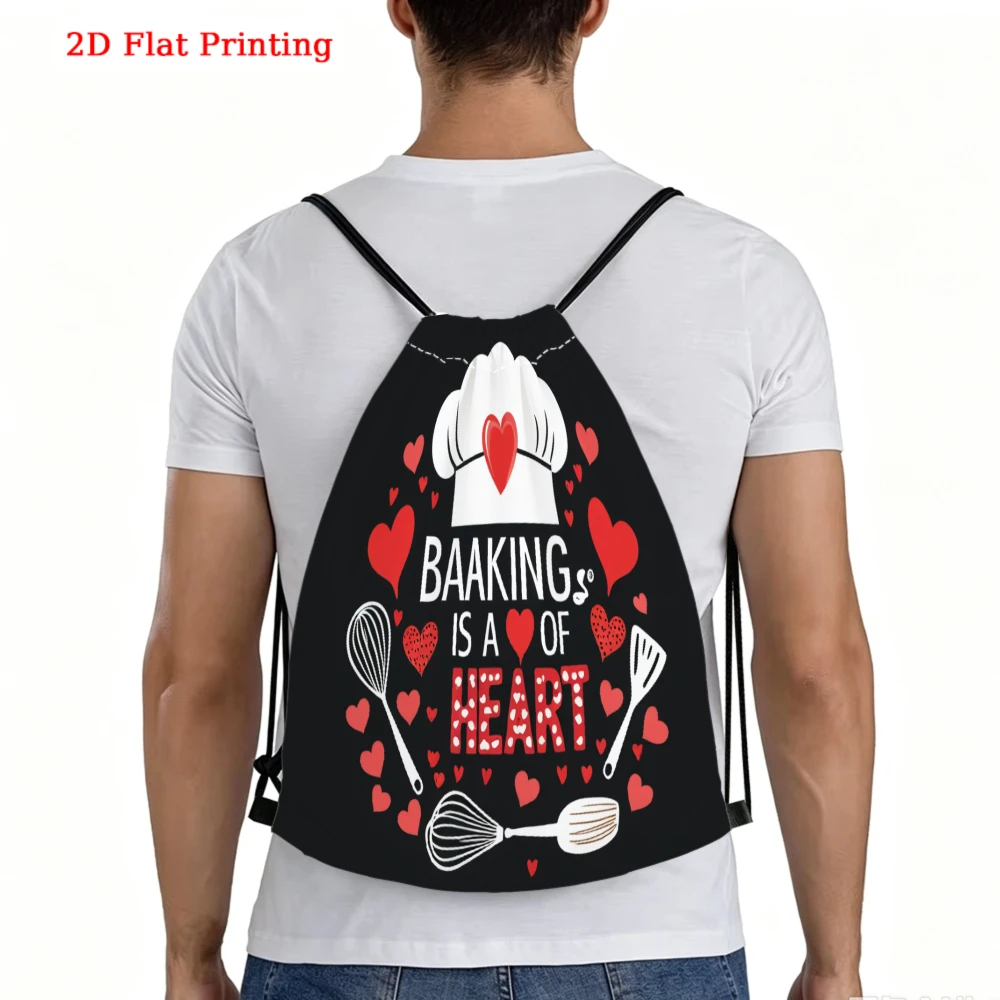 Cute 2D Flat Printing Drawstring Backpack, Baking Is A Of Heart Chef Pattern, Gym Sports Bag, Outdoor Travel Cinch Sack