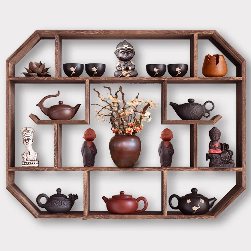 Retro Wall Hanging Storage Rack, Solid Wood, Chinese Style, Retro Living Room, Tea Set Stationery, Multiple Grids