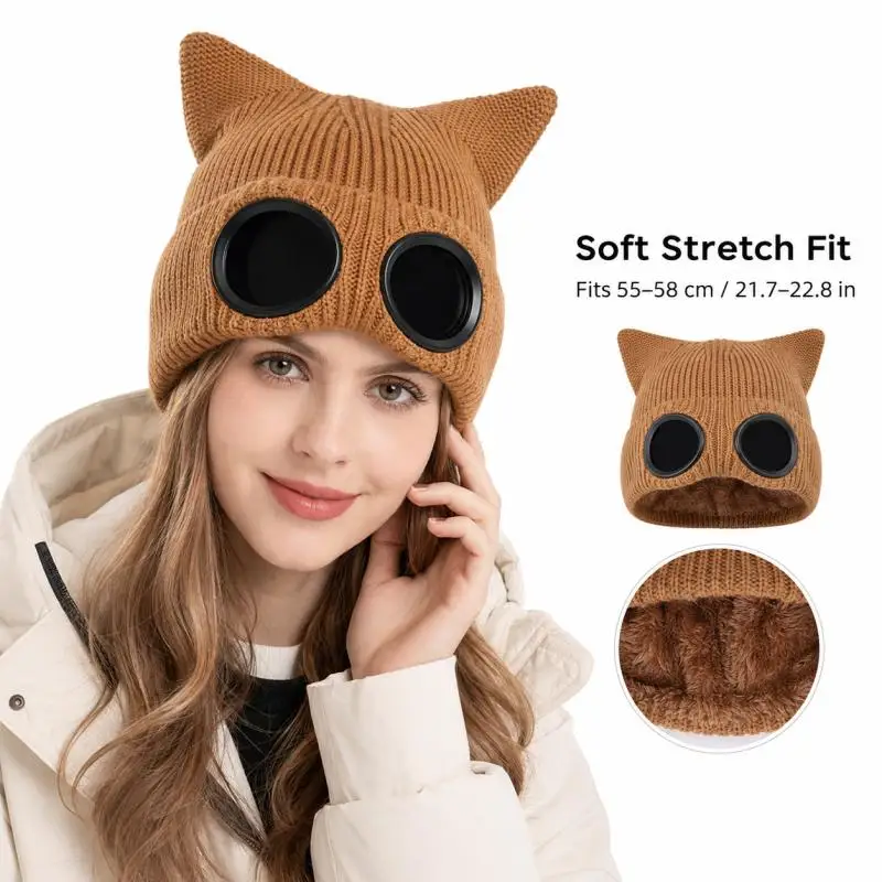 Women Winter Beanie with Goggles Fleece Lined Windproof Cat Ear Knitted Hats Warm Outdoor Snow Thermal Ear Protection Accessory