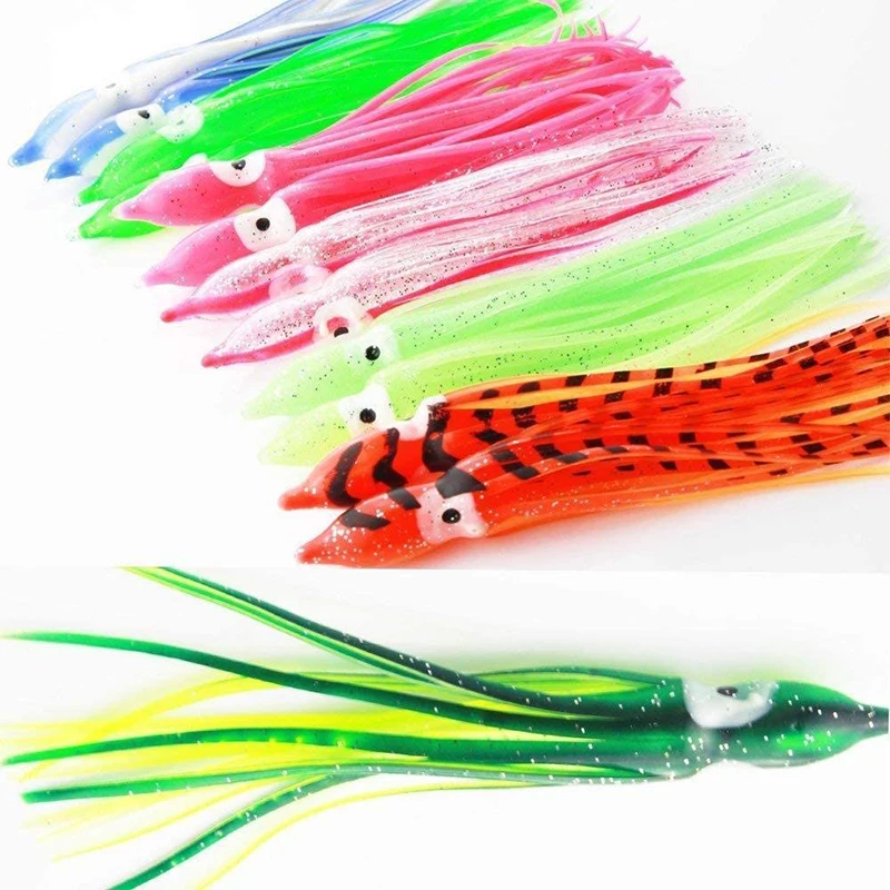 PRO BEROS 5Pcs Soft Luminous Octopus Skirts Lures Silicone Tuna Trolling Skirted Squid Jigging Sea Fishing Bait 3D Glow Eye Tool