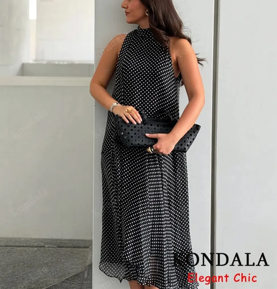 

KONDALA Dating Polka Dot Halter Dress Women's Neck Strap Long Dress 2025 Summer Fashion Elegant Romantic Beach Dress