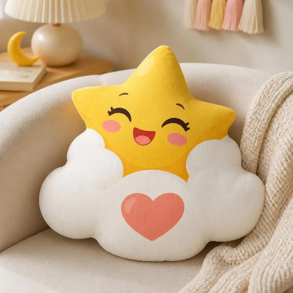 Cute Happy Star Cloud Shaped Throw Pillow Soft Stuffed Cushion Floor Cushion Heart Cheer Up Gift Home Decor for Nursery Room