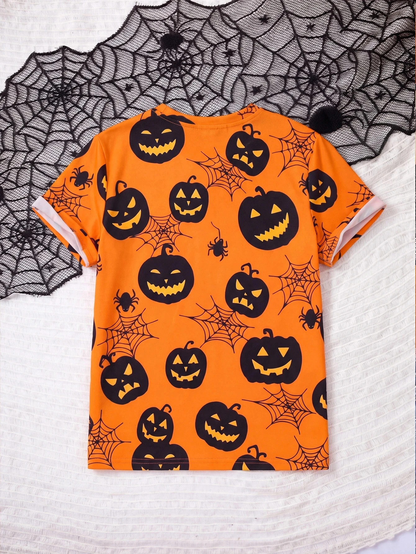 Halloween Printed Pumpkin Spider Short Sleeved T-shirt, Orange Round Neck Casual Top, Festive Party Atmosphere, Unisex Style