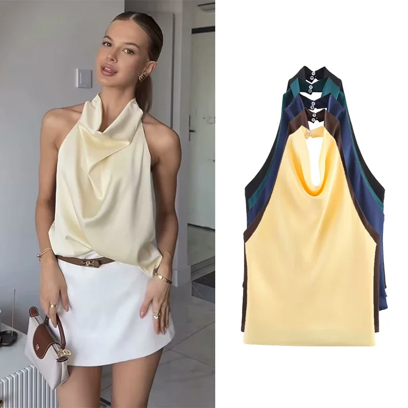 

New Women's Sexy Summer Satin Halter Tops Fashion Sexy Backless Sleeveless Tops Woman Off Shoulder Camisole Female Chic Tops
