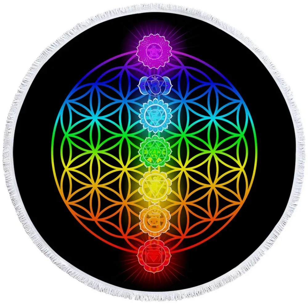 

Chakra Round Beach Towel Zen Theme Yoga Mat Colorful Summer Blanket Geometric Bath Towel Flower of Life Serviette 150cm