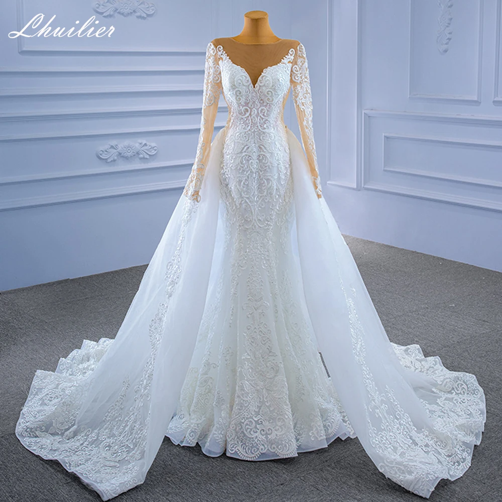 

Lhuilier Women's Elegant Lace Mermaid Wedding Dresses Long Sleeves Scoop Neck Beaded Bridal Gown with Detachable Train