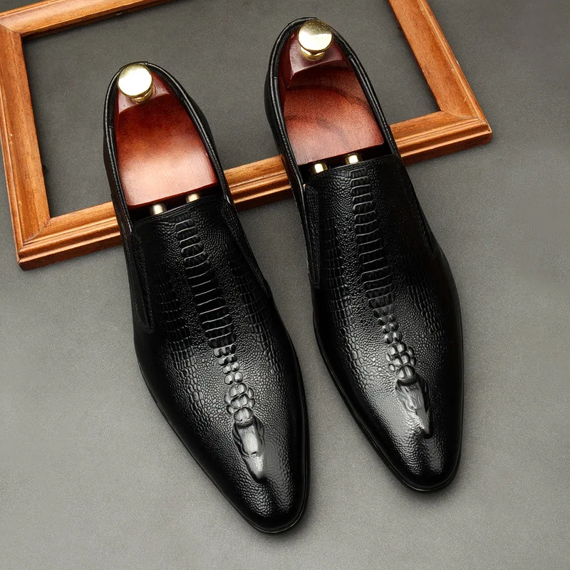 New Breathable Crocodile Print Pointed Toe Leather Shoes Men Business Dress Slip-On Genuine Leather Loafers Office Wedding Shoes