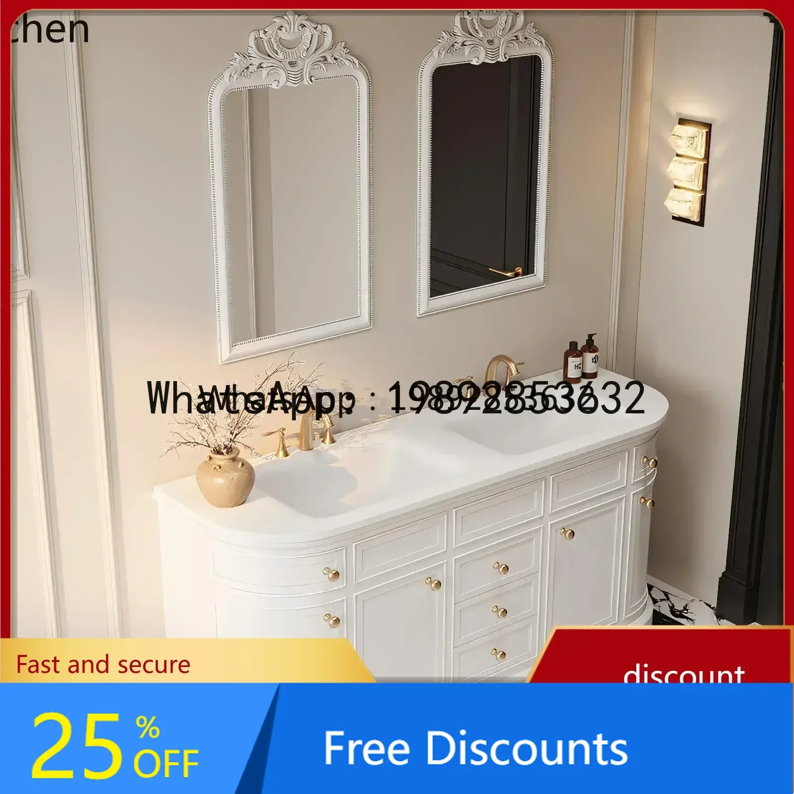 

AA retro rock slab hot bending integrated basin floor-to-ceiling rubber wood arc bathroom cabinet