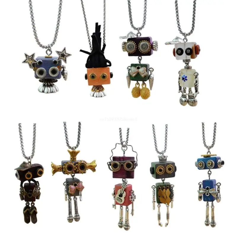 Punk Collarbone Chain Wooden Steams Robot Pendant Necklace Adjustable Length Clavicle Chain Jewelry for Women Girls Dropship