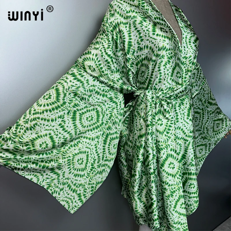 WINYI, trajes de playa tipo kimono con tinte anudado, traje de baño para mujer, cárdigan bohemio, punto, cinturón automático, abrigo estampado de manga larga para vacaciones