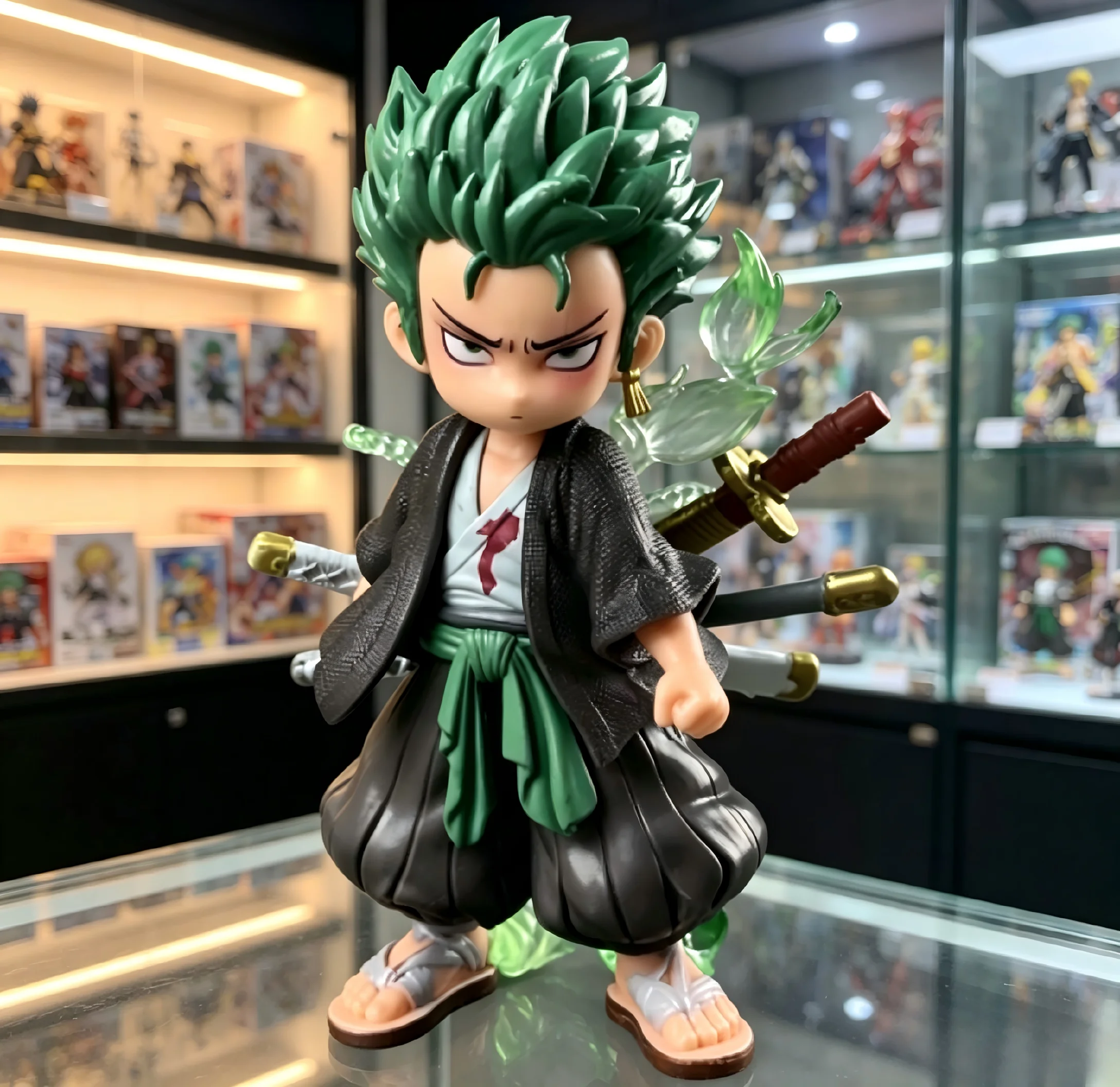 One Piece Roronoa Zoro Q‑Version Wano Figure, Three‑Sword Kimono PVC Statue, Collectible Desktop Toy Birthday Gift