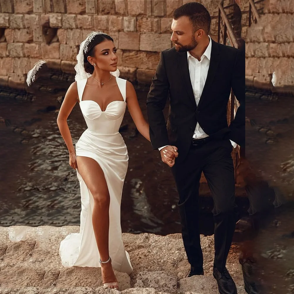 

Элегантное белое атласное женское свадебное платье без рукавов с высоким разрезом по бокам, платье для выпускного вечера, длинные вечерние платья