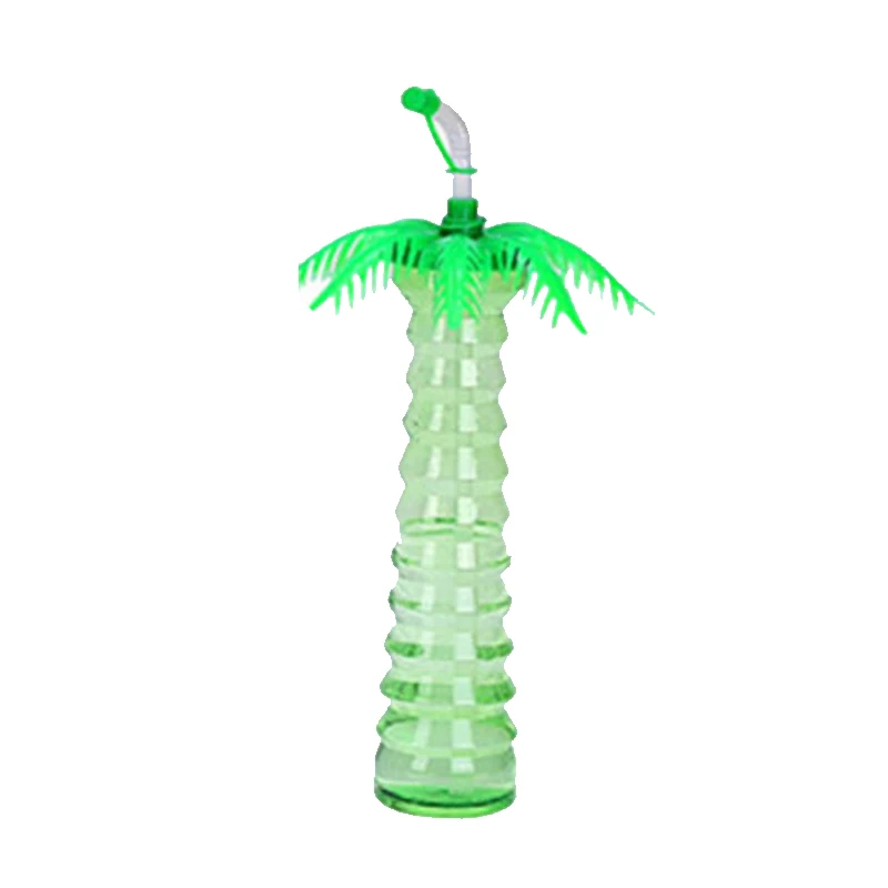 Creative Palm Tree Plastic Beach Water Drinking Sipper Cup Coconut Tree Water Bottle with Straw Hawaii Party Decorate