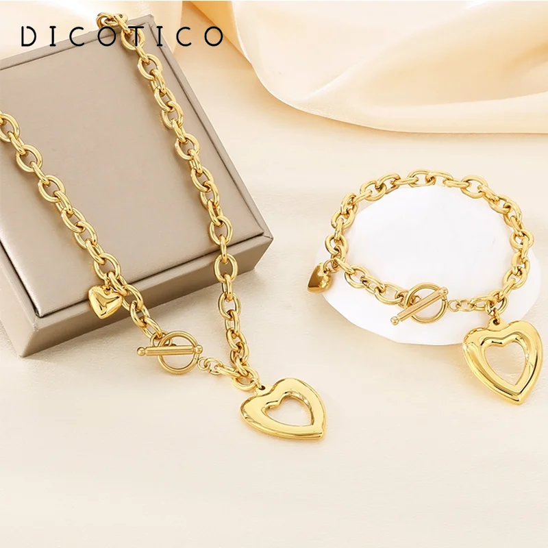 2pcs/set Heart Necklace Bracelet Stainless Steel For Women Girl Fashion Elegant Gold Color Jewelry Sets Wedding Party