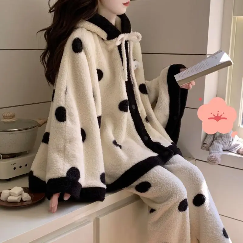 بيجامة نسائية نصف كومة مجموعة خريف وشتاء شال بناتي ملابس نوم عباءة بدلة بيجامة مبطنة بالصوف ملابس منزلية من الصوف المرجاني #1