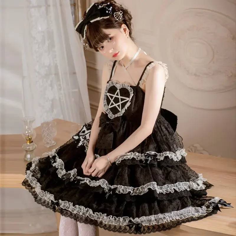 

MAGOGO Original Lolita Dress Women Daily Sweet Y2K Strap Dress Spring Summer New Bow Lace Trim Puffy Princess JSK Black Dress