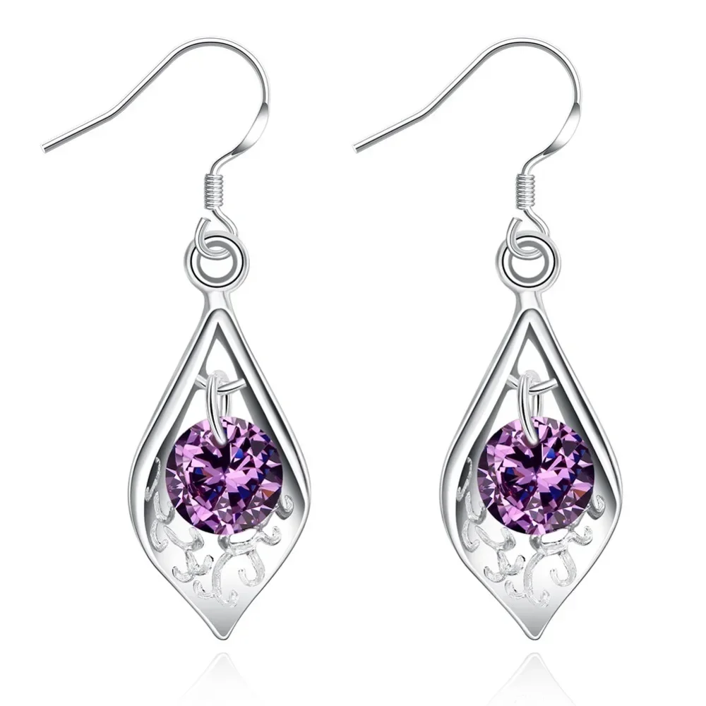 

Fine 925 Sterling Silver Luxury Purple Crystal Zircon Earrings Cute Lovely Charms Engagement Wedding Jewelry Gift